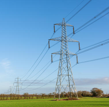 Electricity pylons in a field with blue sky By david