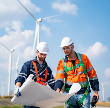 Wind turbine service engineer maintenance and plan for inspection at construction site